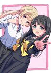  2girls akebi-chan_no_serafuku akebi_komichi belt black_pants black_serafuku black_shirt black_skirt blonde_hair blue_eyes blush closed_mouth feet_out_of_frame finger_to_cheek hair_between_eyes hand_around_waist highres kakikakuka kizaki_erika large_ribbon long_hair looking_at_viewer multiple_girls neck_ribbon open_mouth pants ponytail purple_eyes ribbon school_uniform serafuku shirt simple_background skirt smile v white_shirt yellow_ribbon yuri 