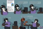 air_fryer ambiguous_gender anthro big_breasts breasts burnt_food canid canine canis cellphone cleavage clothed clothing comic cooking dialogue domestic_dog duo electronics female hi_res holding_breast husky kayla_(lonnyk) lani_(lonnyk) lonnyk mammal nordic_sled_dog phone slightly_chubby spitz texting