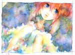  1girl blue_eyes border commentary dutch_angle flower gintama hair_between_eyes highres interlocked_fingers kagura_(gintama) looking_at_viewer making-of_available muttiy painting_(medium) parted_lips red_hair signature solo traditional_media watercolor_(medium) 