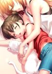  animal bare_shoulders brown_hair cat child closed_eyes collarbone hug little_busters! mother_and_son natsume_rin shirt short_ponytail short_sleeves shorts sleeping zen_(kamuro) 