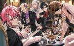  5boys ahoge azuma_hatori bishounen black_hair blonde_hair brown_hair cassian_floros cup english_commentary eyelashes eyepatch first_stage_production gale_galleon green_eyes grey_eyes grin hair_between_eyes highres long_hair looking_at_viewer lucien_lunaris male_focus multicolored_hair multiple_boys nail_polish patchwork_skin pink_eyes pink_hair red_eyes rosco_graves short_hair sitting smile suit teacup virtual_youtuber white_day white_hair zander_netherbrand 