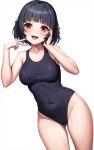  1girl :d ass_visible_through_thighs bang_dream! bare_arms bare_shoulders black_hair black_one-piece_swimsuit blunt_bangs blush breasts brown_eyes collarbone commentary covered_navel cowboy_shot groin hand_on_own_cheek hand_on_own_face hands_up highleg highleg_swimsuit lambda_(kusowarota) looking_at_viewer medium_breasts one-piece_swimsuit open_mouth school_swimsuit short_hair simple_background smile solo swimsuit ushigome_rimi white_background 