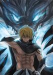  1boy abs black_cape blonde_hair cape dragon gauntlets link_(eggworking) looking_at_viewer short_hair smile tensei_shitara_slime_datta_ken upper_body veldora_(tensei_shitara_slime_datta_ken) yellow_eyes 