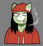 2023 anthro beanie black_hair bust_portrait cassicat clothed clothing countershade_ears countershade_face countershading digital_media_(artwork) drugs eyelashes female freckles front_view green_body hair hair_on_shoulders half-closed_eyes hat headgear headwear hoodie looking_at_viewer mammal marijuana narrowed_eyes open_mouth open_smile portrait red_beanie red_clothing red_hat red_headwear red_hoodie red_topwear smile smoke smoking smoking_marijuana snout solo topwear unknown_character unknown_species white_body white_countershading yellow_eyes