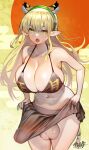  1girl :o animal_ears bikini bikini_top blonde_hair breasts bulge chinese_zodiac clothes_lift elf erection erection_under_clothes futanari futanari_no_elf green_eyes headband huge_penis kawakami_masaki large_breasts long_hair mara_(futanari_no_elf) new_year open_mouth penis pointy_ears skirt skirt_lift solo swimsuit tail testicles tiger_ears tiger_girl tiger_tail year_of_the_tiger 