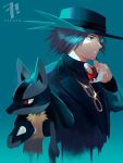  1boy absurdres aqua_background artist_name black_shirt blue_eyes blue_headwear blue_jacket commentary_request eyelashes fingernails glint hand_up hat highres holding holding_poke_ball jacket jewelry long_sleeves lucario male_focus necklace parted_lips poke_ball poke_ball_(basic) pokemon pokemon_(creature) pokemon_(game) pokemon_dppt riley_(pokemon) shiny shiny_hair shirt short_hair sizuru_(garasuame0206) smile upper_body watermark 