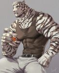  1boy animal_ears arknights bara bare_arms bare_shoulders belt black_belt black_tank_top bulge chest_tuft covered_abs cup drinking_glass furry furry_male gentle2nd large_pectorals looking_at_viewer male_focus mountain_(arknights) muscular muscular_male pants pectorals scar scar_across_eye scar_on_arm scar_on_face short_hair sidepec solo spread_legs tank_top thick_thighs thighs tiger_boy tiger_ears tiger_stripes tight tight_pants white_fur white_pants 