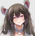  1girl absurdres animal_ears black_hair blush choker collarbone commentary grey_background highres long_hair looking_at_viewer original pink_eyes portrait shiraitoart983 simple_background smile solo twintails very_long_hair 
