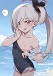  1girl :p blue_archive blue_sky blush breasts clothes_pull commission day frilled_one-piece_swimsuit frills grey_hair halo heart horizon kusugi_tai long_hair looking_at_viewer mutsuki_(blue_archive) nipples ocean one-piece_swimsuit one-piece_swimsuit_pull outdoors pulled_by_self red_eyes side_ponytail skeb_commission sky small_breasts solo spoken_heart swimsuit tongue tongue_out water 