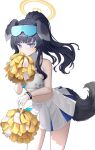  1girl absurdres animal_ears bare_shoulders bimo_(bimo_koa) black_hair blue_archive blush bright_pupils cheerleader closed_mouth commentary_request cowboy_shot dog_ears dog_girl dog_tail expressionless eyewear_on_head floating_hair goggles goggles_on_head halo hand_up hibiki_(blue_archive) hibiki_(cheer_squad)_(blue_archive) highres holding holding_pom_poms long_hair looking_at_viewer millennium_cheerleader_outfit_(blue_archive) miniskirt navel pleated_skirt pom_pom_(cheerleading) ponytail sidelocks simple_background skirt solo star_sticker sticker_on_face tail tsurime white_background white_pupils white_skirt yellow_halo 