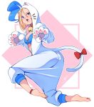  animal_ears ass barefoot bell blonde_hair blue_eyes blush bra cammy_white capcom cat_ears cat_tail cosplay felicia_(vampire) felicia_(vampire)_(cosplay) highres its_just_suppi paw_pose scar scar_on_cheek scar_on_face short_hair simple_background solo street_fighter street_fighter_6 tail underwear vampire_(game) 