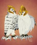 armor avian barran battle_claws bird boron_(gogh) duo feathers female feral guardians_of_ga&#039;hoole headgear helmet hi_res horned_owl kabuki-aku male orange_background owl simple_background snowy_owl true_owl white_body white_feathers yellow_eyes