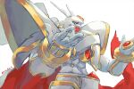  alphamon alternate_color armor cape digimon digimon_(creature) helmet horns kira_(kira_dra) looking_at_viewer no_humans outstretched_arms outstretched_hand red_cape shoulder_armor simple_background solo twitter_username white_background white_helmet yellow_eyes 