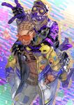  \m/ abs absurdres apex_legends belt blonde_hair brown_belt carrying chain chest_tattoo cornrows crypto_(apex_legends) extreme_measures_octane gloves goggles gold_chain hands_in_pockets helmet highres hype_beast_crypto jacket kawaniwa leaning_forward male_focus motorcycle_helmet multicolored_clothes multicolored_jacket octane_(apex_legends) official_alternate_costume pants piggyback purple_gloves purple_headwear purple_jacket smile sunglasses tattoo tied_hair white_jacket white_pants yellow_jacket 