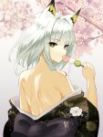  1girl absurdres animal_ears arknights bare_back bare_shoulders black_kimono bright_pupils cat_ears cherry_blossoms commentary_request dango dr.lamina food green_eyes grey_background grey_hair hand_up highres holding holding_food japanese_clothes kal&#039;tsit_(arknights) kimono looking_at_viewer material_growth off_shoulder oripathy_lesion_(arknights) sanshoku_dango short_hair solo upper_body wagashi white_pupils 