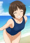  1girl amagami beach black_hair blue_one-piece_swimsuit blue_sky breasts closed_eyes cloud day grin highres leaning_forward one-piece_swimsuit outdoors school_swimsuit short_hair sky small_breasts smile solo swimsuit tachibana_miya thigh_gap yuuyuu_(3jjbn) 