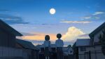  1boy 1girl arms_at_sides bag black_hair black_pants black_skirt blue_sky building cloud evening facing_away feet_out_of_frame fence from_behind full_moon highres house moon orange_sky original outdoors pants power_lines sakiika0513 scenery school_bag school_uniform shirt shirt_tucked_in short_hair short_sleeves skirt sky standing sunset town white_shirt 