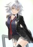  1girl ahoge black_choker breasts choker collared_shirt fate/grand_order fate_(series) grey_hair highres jacket jeanne_d&#039;arc_alter_(avenger)_(fate) jeanne_d&#039;arc_alter_(fate) kaijin-m large_breasts looking_at_viewer necktie official_alternate_costume open_clothes open_jacket school_uniform shirt short_hair skirt smile solo sweater thighhighs thighs yellow_eyes 