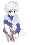  1boy blue_eyes candy closed_mouth food highres holding holding_candy holding_food holding_lollipop hunter_x_hunter killua_zoldyck layered_sleeves lollipop long_sleeves looking_at_viewer male_focus shirt short_hair short_over_long_sleeves short_sleeves shorts simple_background sitting solo spiked_hair tenoo12 v white_background white_hair white_shirt 