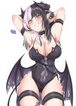  1girl absurdres adapted_costume black_hair black_horns black_tail breasts chest_belt choker cleavage demon_girl demon_horns demon_tail demon_wings fang glowing glowing_eyes grey_hair grin hair_ornament highres hololive hololive_english horns leotard looking_at_viewer medium_breasts mmneko multicolored_hair open_mouth shiori_novella shiori_novella_(1st_costume) simple_background smile solo split-color_hair tail twitter_username two_side_up upper_body virtual_youtuber white_background wings yellow_eyes 
