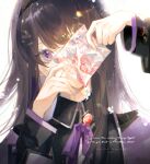 absurdres akemi_homura black_hair black_hairband caibaozi capelet character_print chinese_commentary collared_capelet gem glint hairband hands_up highres holding holding_paper kaname_madoka long_hair long_sleeves looking_at_viewer mahou_shoujo_madoka_magica mahou_shoujo_madoka_magica_(anime) neck_ribbon one_eye_covered paper portrait purple_capelet purple_eyes red_gemstone ribbon simple_background white_background 