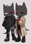 anthro aym_(cult_of_the_lamb) baal_(cult_of_the_lamb) beverage clothed clothing coffee cult_of_the_lamb domestic_cat duo felid feline felis fluffy frown looking_at_viewer male mammal massive_monster_(studio) red_eyes scar standing tuft unknown_artist