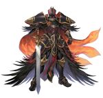  1boy absurdres armor black_cape black_knight_(fire_emblem) black_knight_(resplendent)_(fire_emblem) cape feather_trim fire_emblem fire_emblem:_path_of_radiance fire_emblem_heroes gauntlets greaves helmet highres looking_at_viewer multicolored_cape multicolored_clothes orange_cape solo sword tachi-e weapon 