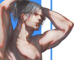  1boy armpits arms_up biceps bishounen blue_eyes collarbone dante_(devil_may_cry) devil_may_cry_(series) devil_may_cry_5 facial_hair glasses holding long_hair looking_at_viewer lykke male_focus mature_male muscular muscular_male parted_lips ponytail realistic simple_background smile solo teeth topless topless_male upper_body upper_teeth_only white_hair 