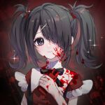  1girl ame-chan_(needy_girl_overdose) black_hair black_ribbon blood blood_on_clothes blood_on_face blood_on_hands blood_splatter closed_mouth collared_shirt hair_ornament hair_over_one_eye hand_up highres holding holding_phone long_hair looking_at_viewer neck_ribbon needy_girl_overdose phone purple_eyes red_background red_shirt ribbon shirt shuijiao_daojishi solo suspenders twintails upper_body x_hair_ornament 