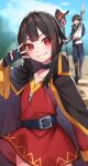  1girl :3 arm_up belt black_hair blush brown_hair cape cowboy_shot day dress fingerless_gloves gloves hand_up hat highres holding holding_staff kono_subarashii_sekai_ni_shukufuku_wo! looking_at_viewer megumin no_headwear outdoors red_dress red_eyes sarasara_shoyu satou_kazuma short_hair smile staff v witch_hat 