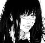  1girl artist_name chainsaw_man collared_shirt commentary cross_scar greyscale lips monochrome nicole_jimenez portrait ringed_eyes scar scar_on_cheek scar_on_face scar_on_nose shirt signature smile solo yoru_(chainsaw_man) 