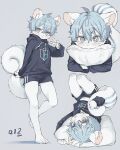  1boy ahoge animal_ear_fluff animal_ears black_hoodie black_shorts blue_background blue_eyes blue_hair blush bright_pupils commission drawstring furry furry_male go_(1o22g) hood hoodie hugging_object looking_at_viewer lying male_focus navel open_mouth original pawpads pillow pillow_hug short_hair short_shorts shorts solo squirrel_boy squirrel_ears squirrel_tail standing standing_on_one_leg tail tears v white_pupils 