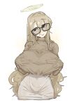  1girl akane_(blue_archive) blonde_hair blue_archive breasts crotch_outline glasses groin_outline halo hand_under_clothes hands_on_own_chest highres large_breasts leebo_(leeboxxx) long_hair looking_at_viewer no_bra pointy_breasts sagging_breasts smile yellow_halo 