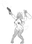  2020 absurd_res alcohol anthro areola barely_visible_genitalia barely_visible_pussy beverage bottle breasts claws digitigrade female firing_weapon genitals gun hair hair_over_eyes handgun hi_res holding_object holding_weapon hyaenid knees_together lakeslug long_hair mammal muzzle_flash nipple_piercing nipples nude open_mouth piercing pussy ranged_weapon solo toe_claws weapon 