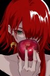  1other absurdres apple black_background collarbone crescent crescent_earrings crimson_(ragna_crimson) earrings food fruit green_eyes hair_between_eyes hair_over_one_eye highres holding holding_food holding_fruit jewelry looking_at_viewer ragna_crimson red_apple red_hair red_nails simple_background solo upper_body victima 