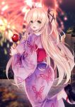  1girl aerial_fireworks ahoge animal_print blonde_hair blush breasts butterfly_print candy_apple commission emanon123 fireworks food from_behind green_eyes holding holding_food japanese_clothes kimono large_breasts long_hair looking_at_viewer looking_back obi open_mouth original sash skeb_commission solo two_side_up 