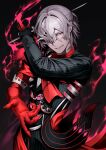  1boy absurdres antonio_salieri_(fate) antonio_salieri_(second_ascension)_(fate) ascot black_gloves black_suit fate/grand_order fate_(series) fire formal gloves grey_hair hair_between_eyes half_mask half_updo highres holding long_sleeves looking_at_viewer male_focus mask medallion pants pinstripe_jacket pinstripe_pants pinstripe_pattern pinstripe_suit red_ascot red_eyes short_hair smile solo striped_suit suit sumi_(gfgf_045) weapon white_hair 