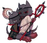 anthro aym_(cult_of_the_lamb) baal_(cult_of_the_lamb) clothed clothing cult_of_the_lamb domestic_cat duo felid feline felis fluffy holding_object holding_weapon male mammal massive_monster_(studio) pose prick_ears red_eyes scar sitting staff unknown_artist veil weapon