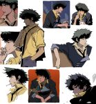  absurdres closed_mouth cowboy_bebop derivative_work eating highres instant_ramen messy_hair my_nameisyoon necktie open_mouth scene_reference screenshot_redraw shirt sitting smoking spike_spiegel teeth variations yellow_shirt 
