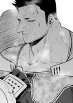  1boy armor bara beard bodysuit bodysuit_pull boku_no_hero_academia clothes_pull endeavor_(boku_no_hero_academia) facial_hair fingerless_gloves from_side gloves greyscale male_focus mature_male monochrome muscular muscular_male pain-lucky777 pauldrons pectoral_cleavage pectorals scar scar_across_eye scar_on_face short_hair shoulder_armor sideburns solo spiked_hair stubble sweat upper_body 