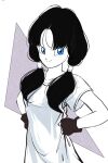  1girl absurdres black_hair blue_eyes closed_mouth collarbone dragon_ball dragon_ball_z fingerless_gloves gloves greyscale highres kakikakilemon long_hair looking_at_viewer monochrome shirt smile solo twintails videl white_background white_shirt 