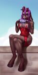 absurd_res anthro beverage bovid breasts brown_body caprine caprine_demon clothed clothing container crossed_legs cup demon digital_media_(artwork) female genitals goat goat_demon hair hi_res horn inner_ear_fluff mammal markings purple_eyes purple_hair pussy pussy_shot red_clothing sataantoris simple_background sitting small_breasts solo tea tuft
