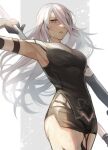  1girl arm_strap armpits black_dress black_gloves cowboy_shot dress elbow_gloves floating_hair gloves grey_eyes hair_over_one_eye highres holding holding_polearm holding_weapon long_hair looking_at_viewer moguta_(moguta9) nier_(series) nier_automata parted_lips polearm short_dress silver_hair solo standing straight_hair very_long_hair weapon yorha_type_a_no._2 