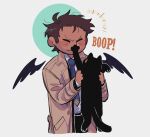  1boy angel animal april_fools beard_stubble black_cat black_hair black_wings blue_eyes castiel cat chxrrylungs closed_eyes coat cropped_legs facial_hair grey_background halo holding holding_animal male_focus mature_male short_hair simple_background solo stubble supernatural_(tv_series) trench_coat wings 