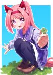  1girl absurdres animal_ears blue_background border bow brown_footwear clover commentary_request ear_bow ear_covers flower-shaped_pupils four-leaf_clover freely2327 grass haru_urara_(umamusume) highres holding horse_ears horse_girl horse_tail loafers long_sleeves medium_hair open_mouth outside_border pantyhose pink_eyes pink_hair pleated_skirt ponytail purple_serafuku purple_shirt purple_skirt purple_thighhighs sailor_collar school_uniform serafuku shirt shoes skirt smile solo squatting symbol-shaped_pupils tail teeth thighhighs tracen_school_uniform umamusume upper_teeth_only white_border white_bow winter_uniform 