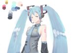  1girl aqua_eyes aqua_hair aqua_nails closed_mouth grey_shirt hair_between_eyes hatsune_miku headphones headset looking_at_viewer luciyum non-web_source off_shoulder self-upload shirt shoulder_tattoo solo standing tattoo twintails upper_body vocaloid vocaloid_boxart_pose white_background 