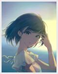  1girl adjusting_hair bare_arms black_eyes black_hair blue_sky border breasts chromatic_aberration dackq dress english_commentary frilled_sleeves frills hand_up highres horizon looking_at_viewer medium_hair ocean original outdoors parted_lips portrait shaded_face sky sundress white_border white_dress wind 