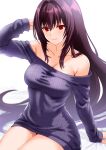  1girl bare_shoulders breasts cleavage collarbone engo_(aquawatery) fate/grand_order fate_(series) hair_between_eyes highres large_breasts long_hair long_sleeves looking_at_viewer off-shoulder_sweater off_shoulder purple_hair purple_sweater red_eyes scathach_(fate) smile solo sweater thighs 