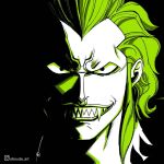  1boy aboude_art artist_name bartolomeo black_eyes clenched_teeth green_hair instagram_logo instagram_username limited_palette looking_at_viewer male_focus nose_piercing nose_ring one_piece piercing sharp_teeth signature smile solo teeth tusks 