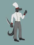 anthro black_body black_scales chef_hat chef_uniform chris_monty clothing demon footwear hat headgear headwear hi_res horn knife male pupils red_pupils reptile scales scalie shoes simple_background slit_pupils solo vincenzo(chris_monty) yellow_sclera